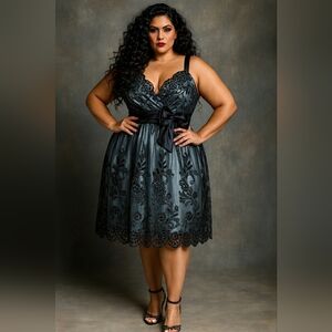 Elegant Black Lace Dress. Size 16. Light Blue Lining. Flowy Hem. Spaghett Straps